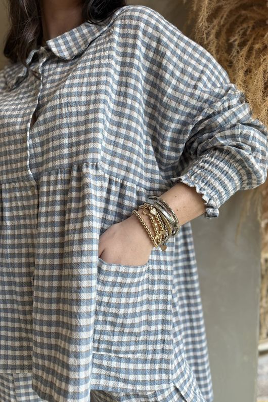 Annie Gingham Peter Pan Smock Blouse Denim